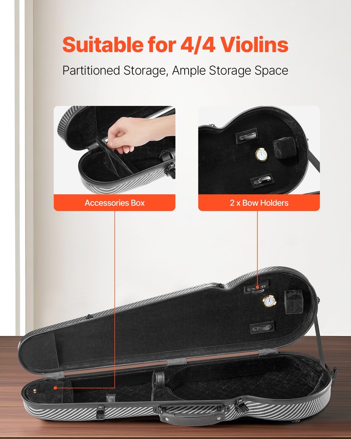 Portable Composite Carbon Fiber 4/4 Full Size Violin Case with Plush Lining, EVA Foam Protection, Bow Holders, Hygrometer, Lightweight Backpack Carrying Bag for Travel, Performance, and Storage Black