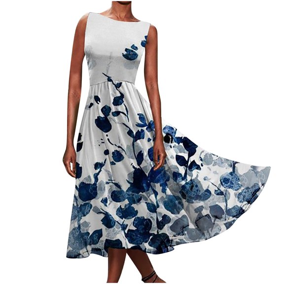 USSUMA Summer Dresses for Women Casual Floral Print High Waist Tank Swing Long Maxi Beach Party Sundresses Sleeveless Plus Dresses Round Neckline Sun Dress Wedding Guest