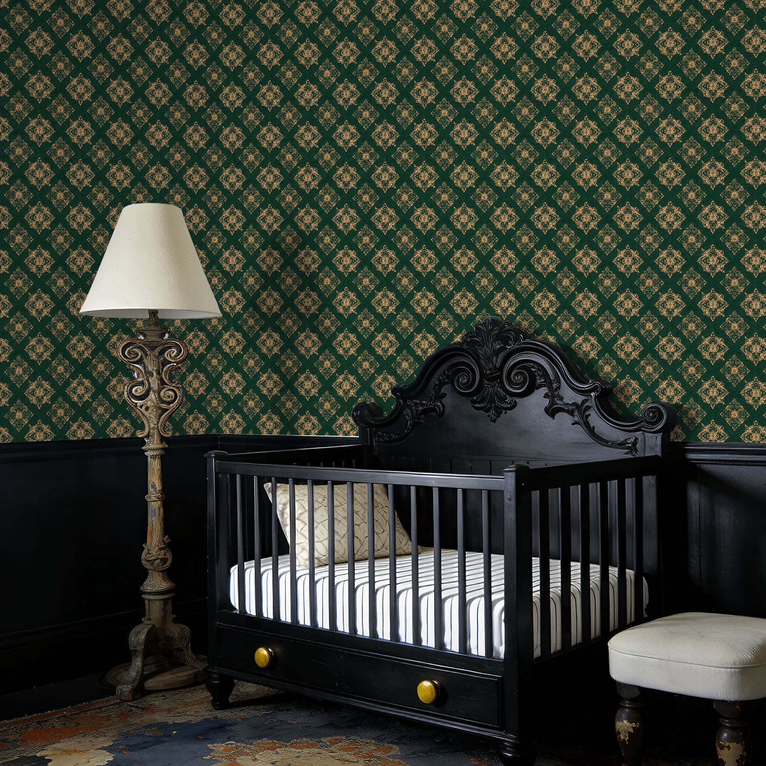 Peel and Stick Wallpaper Baroque Vintage Floral Damask Green Gold Accents Wall Mural 17.7in x 9.8ft Self Adhesive Removable Wall Paper Renter Friendly Wallpaper for Nursery Bedroom Cabinets