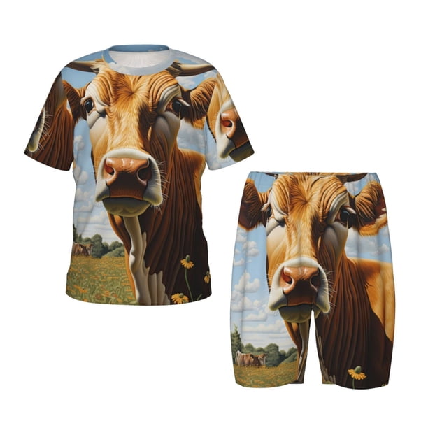 Balery Daisy Flower Field Cow Conjunto de Pijama Infantil de Manga Corta con Estampado – Ropa de Dormir de Algodón Suave-Large