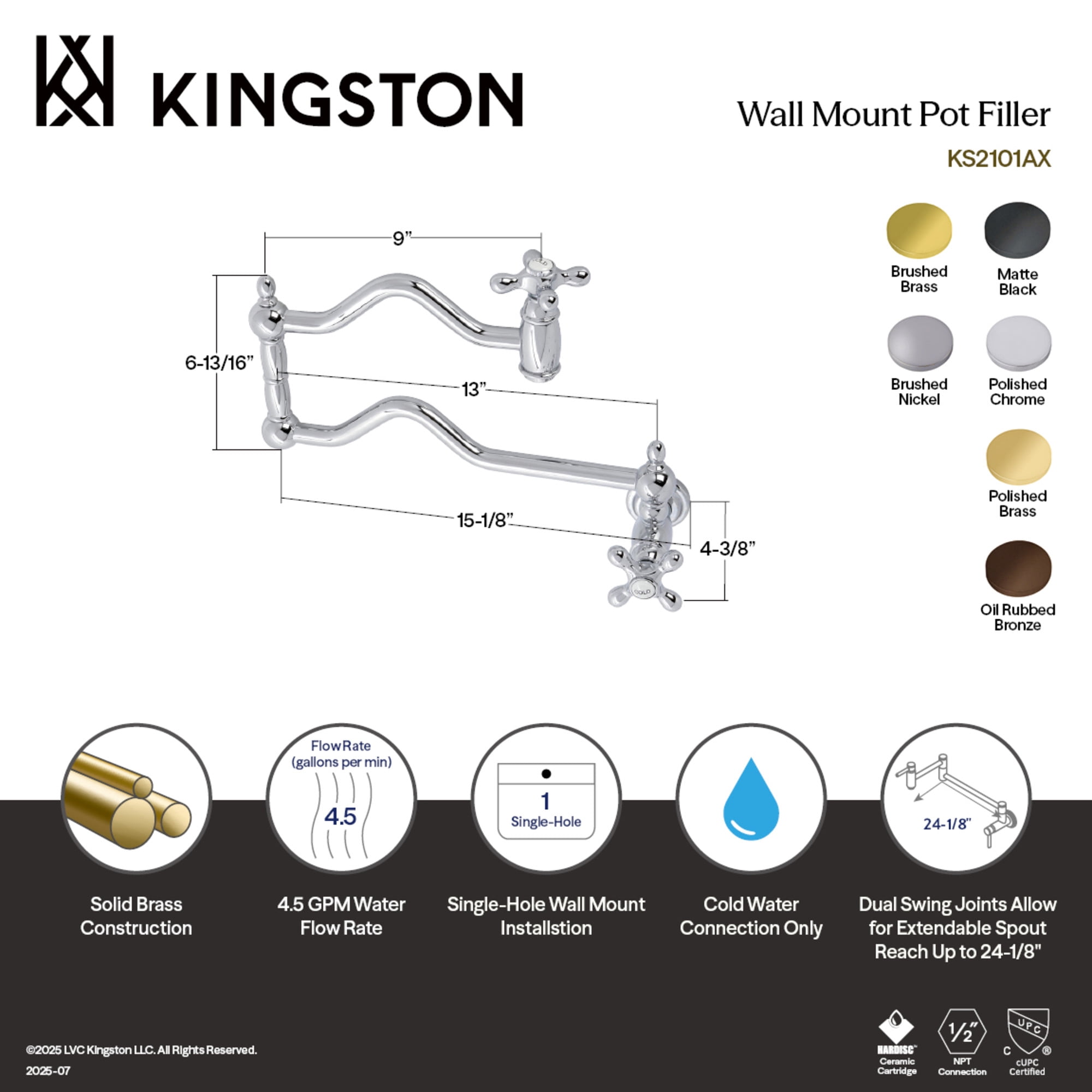 Kingston Brass KS2105AX Heritage Two-Handle 1-Hole Wall Mount Pot Filler Faucet in Oil Rubbed Bronze