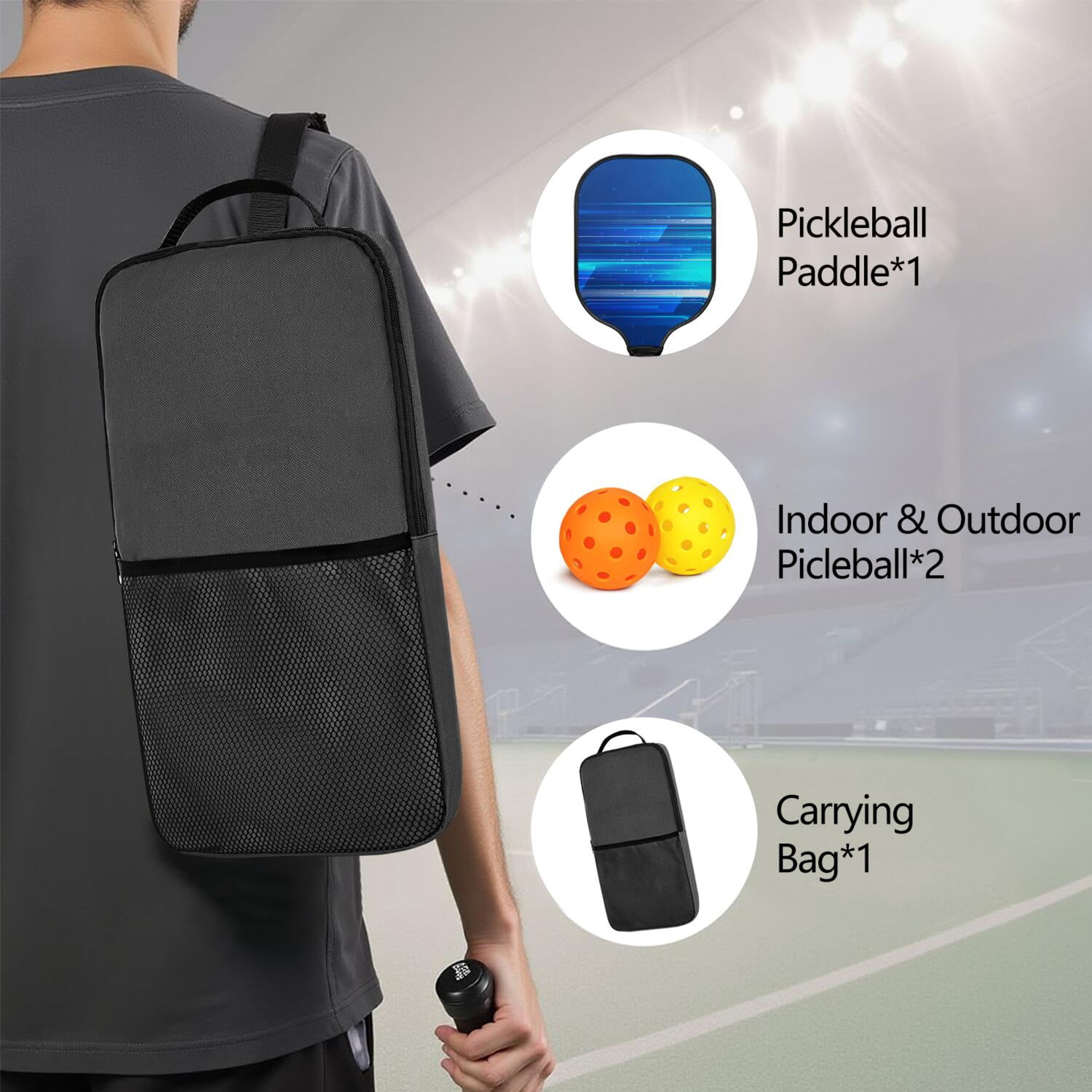 Pickleball Paddles Set Of 1, Fiberglass Surface, Speed, Lightning, Thunder Print, 1 Paddle, 2 Balls & Bag