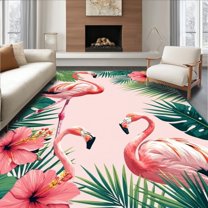 Flatwoven High Traffic Area Rug, Artistic Flamingo and Leaf Ensemble, Non Slip, Stain Resistant, Washable Area Rugs for Living Room, Bedroom(Pink, 8X10)