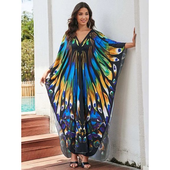 Oversized Kaftan Butterfly Print Dresses for Women Beach Maxi Dress Robe 2023 Summer Swimsuit Cover Up Female Beachwear