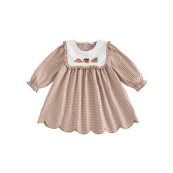 Toddler Baby Girls Thanksgiving Outfit Pumpkin Turkey Embroidery Smocked Dress Long Sleeve Round Neck Plaid Dress Fall Clothes
