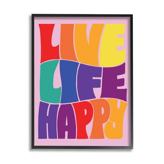 Stupell Industries Live Life Happy Rainbow Phrase Holiday Painting Black Framed Art Print Wall Art
