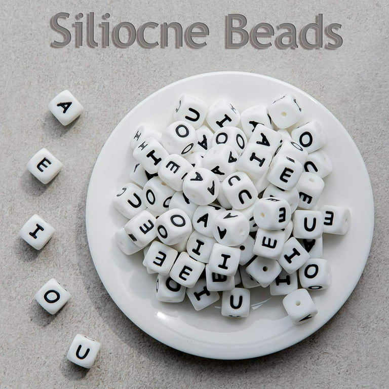 52pcs Square Silicone Alphabet Letter Beads 12mm Silicone Pearl Letter  Beads for Jewelry Making DIY Beading Mom Necklace Accessory (Letter 52pcs)