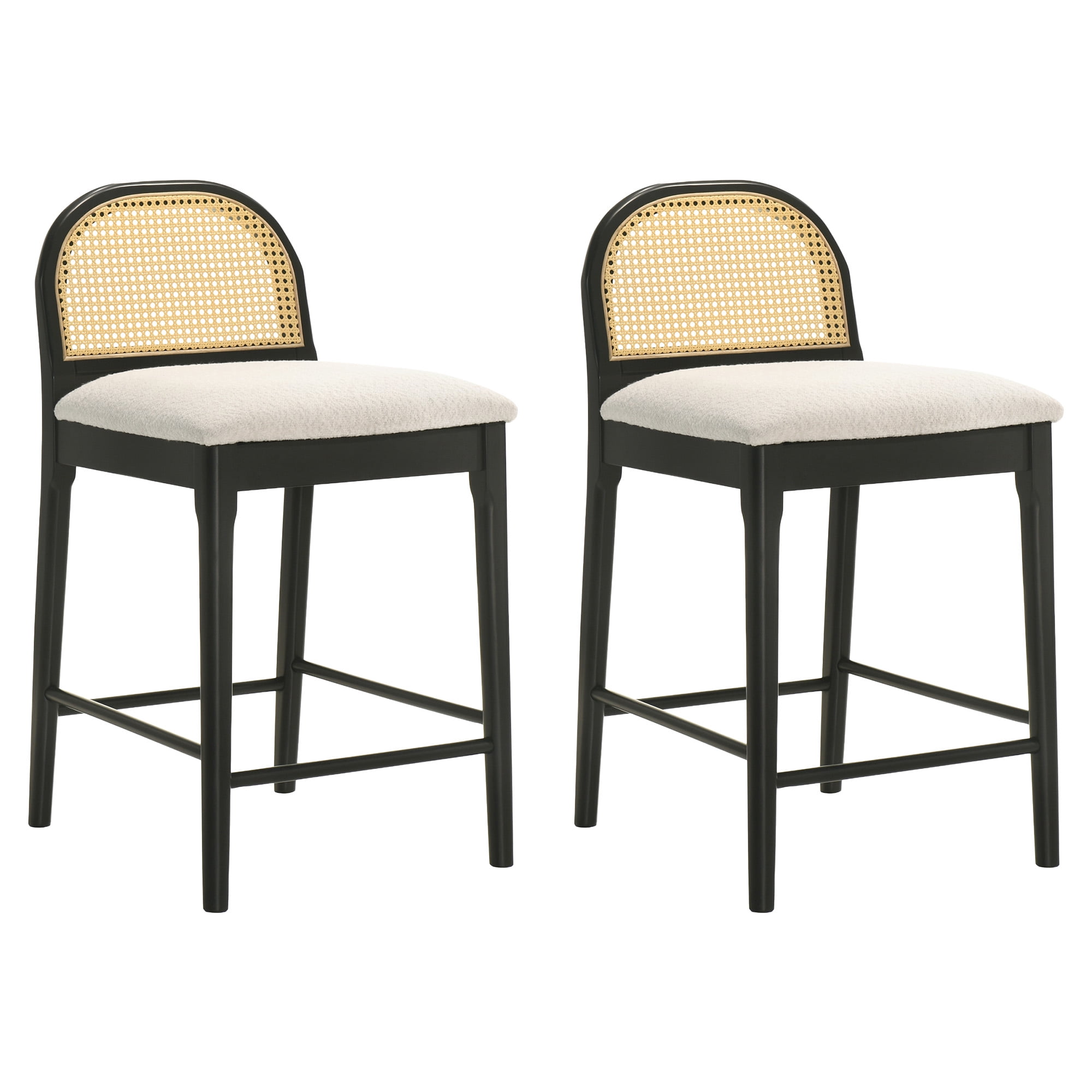 Lucio Modern Farmhouse Wood Counter Height Kitchen Bar Stool in Black Finish with White Boucle Fabric Upholstered Seat - Set of 2