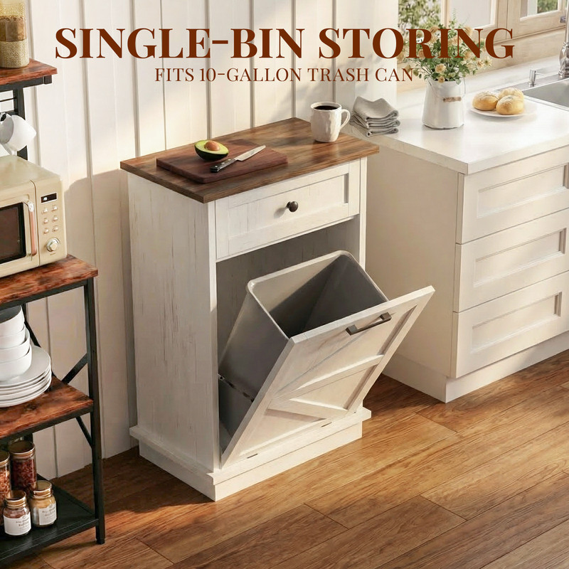 20''W Tilt Out Trash Can Storage Cabinet with A Drawer, Farmhouse Small Kitchen Island with 10-Gallon Trash Hidden Cabinet