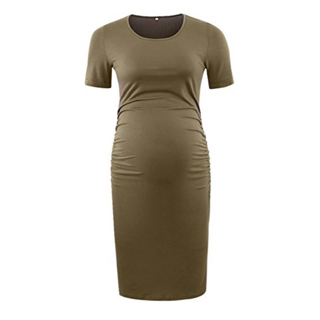 Zwiiyzr 2025 Robe d'Allaitement pour Femmes Enceintes, Couleur Unie, Col Rond, Manches Courtes, Vert Olive