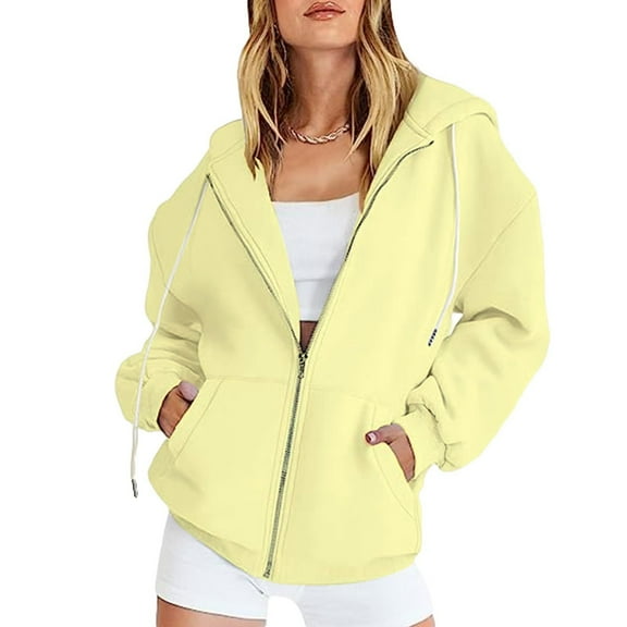 Daznico Women's Casual Zip-Up Hoodie with Pockets - Long Sleeve Pullover Sweatshirt,Zip Up Hoodie Women,Zip Up Sweatshirt Women,Color: Light Yellow Size: 3XL