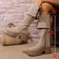 thumbnail image 6 of Women Platform Knee‑High Boots, Suede Fold‑Over Tall Boots with Metal Buckle Strap, Round‑Toe Chunky Block Heel Lug Sole Winter Boots, 6 of 7