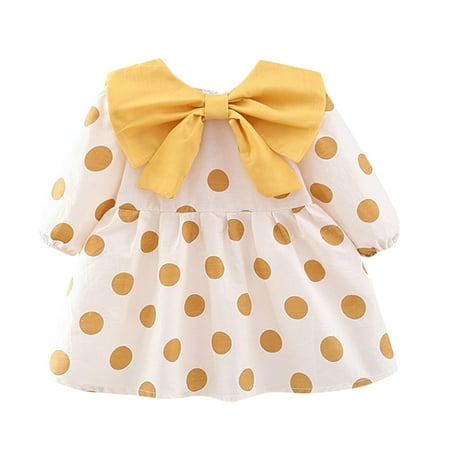

WUXIAN Toddler Kids Baby Girls Patchwork Long Ruffled Sleeve Bowknot Polka Dot Princess Dress Sundress Outfits Infants Children Lovely Dailywear