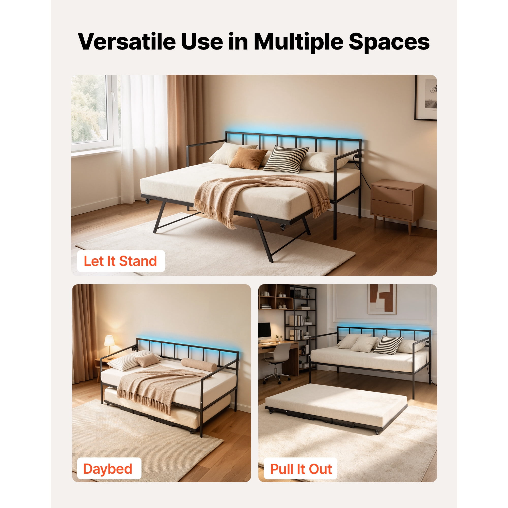 KFFKFF Twin Daybed with Pop-Up Trundle, Metal Frame with Charging Station and LED Light, Ideal for Living Room, Bedroom, Durable Twin Size Sofa Bed Frame, Adjustable Height, Lockable Casters, Black