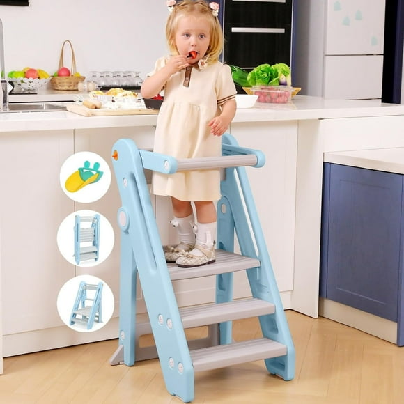 Toddler Tower Kitchen Stool Helper - & Adjustable Height Kids Learning Stool for Kitchen Counter Bathroom Sink, Child Ladder for Toddlers with Handles, Rail, Non-Slip Pads-Pink