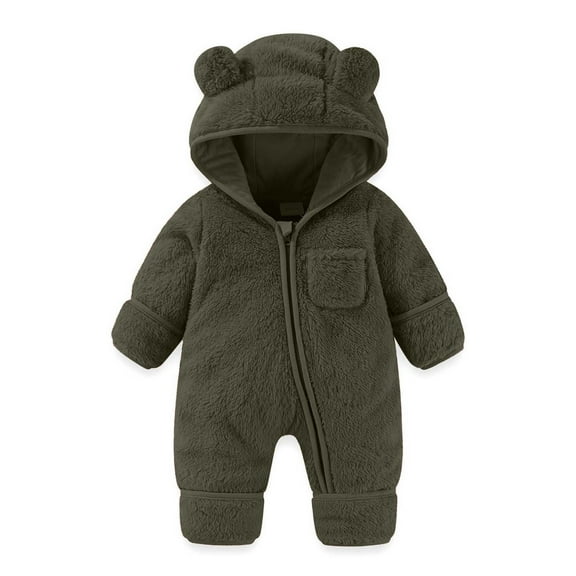 Riecok Baby Boy Girls Winter Warm Rompers Fleece Thick Onesie Cute Bear Ears Hooded Winter Infant Clothes Army Green 9 Months