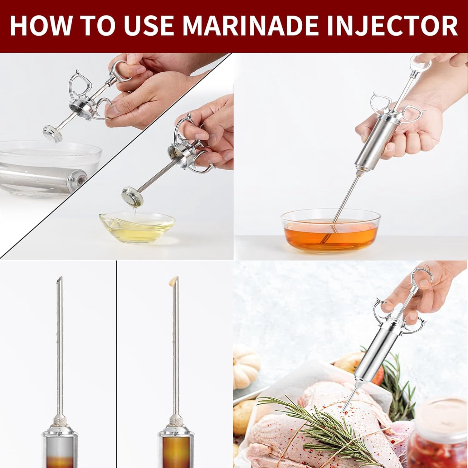 Meat Injector Syringe Kit, 2-oz Large Capacity Marinade Turkey Injector with 3pcs Stainless Steel Marinade Injector Needles for BBQ Grill Smoker & Turkey & Brisket