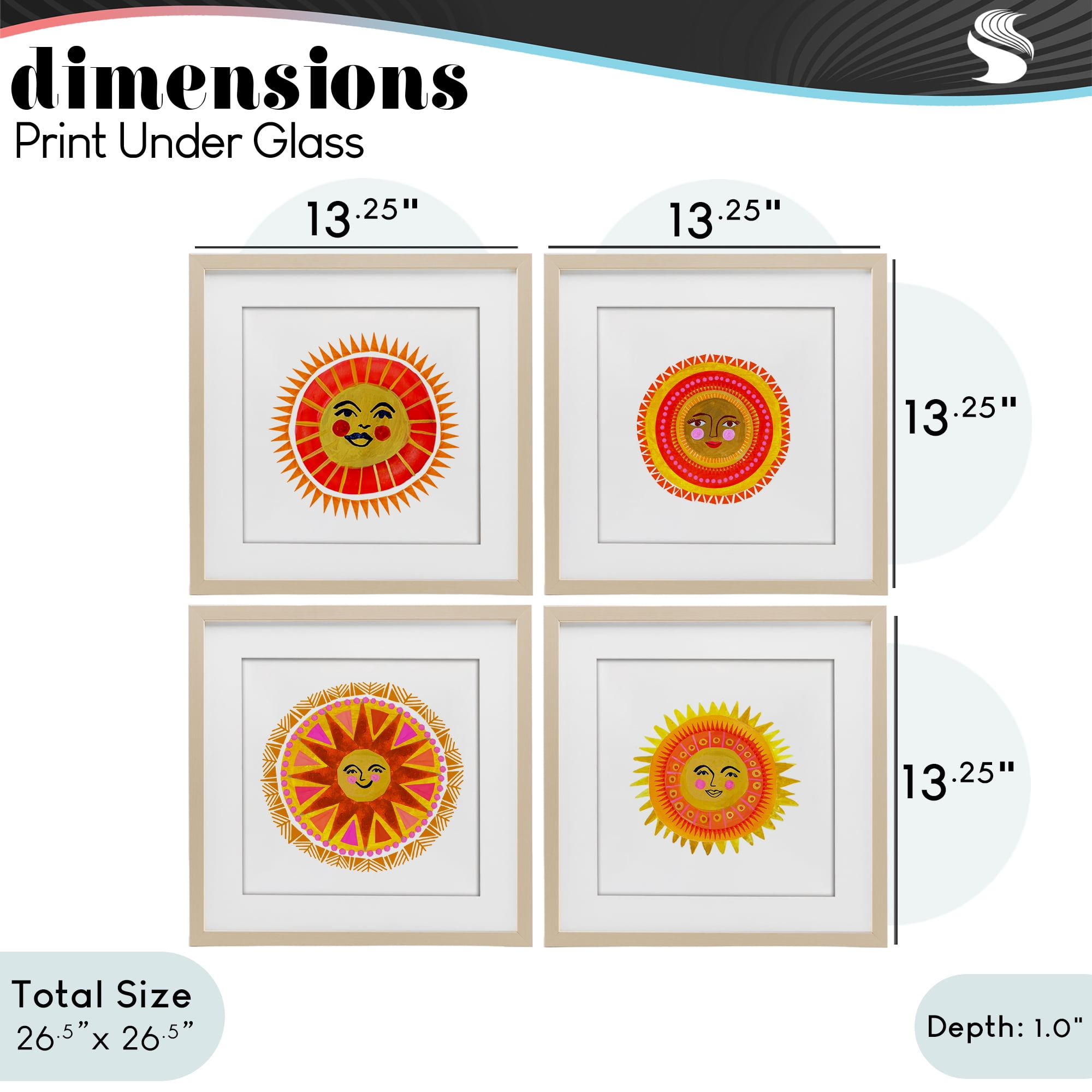 Stupell Industries Warm Happy Suns 4 Piece Birch Framed Print Under Glass Set, design by Katherine Herrell Studio
