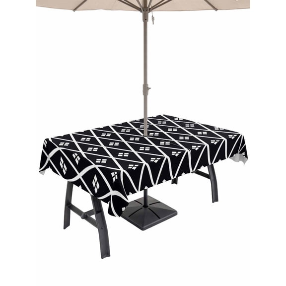 Outdoor Tablecloth with Umbrella Hole for Patio/Picnic/Party/Camping, Minimalist Art Waterproof Table Cloth Rectangle Table Cover Washable, Boho Abstract Floral Lattice Black (60"x 84")