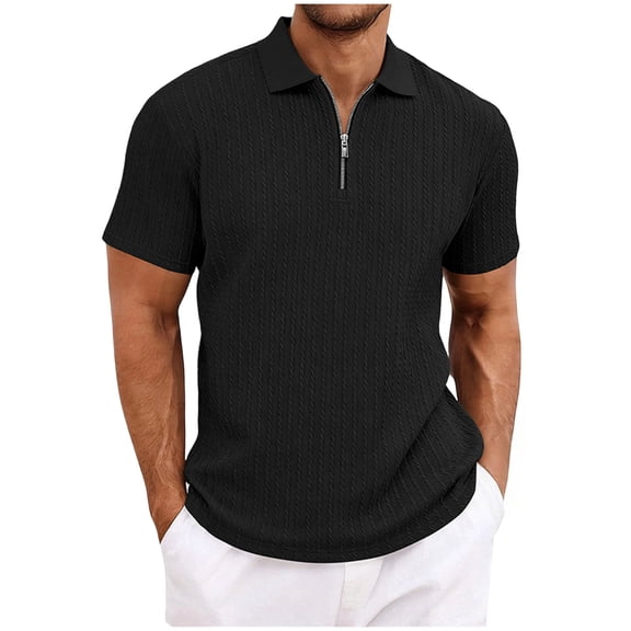 idosla Mens Quarter Zip Polo Shirts Casual Summer Knit Textured Short Sleeve Shirt Beach Vacation Stretchy Golf Shirts (Black, M)