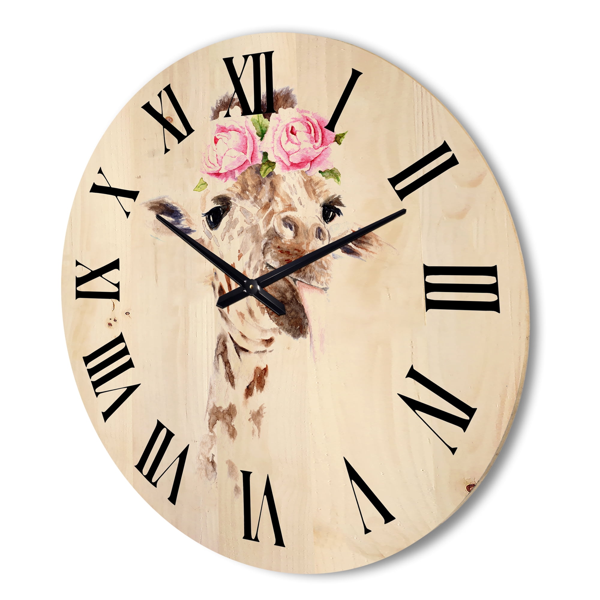 Designart 'Portrait of A Giraffe With Pink Flowers' Farmhouse Wood Wall Clock