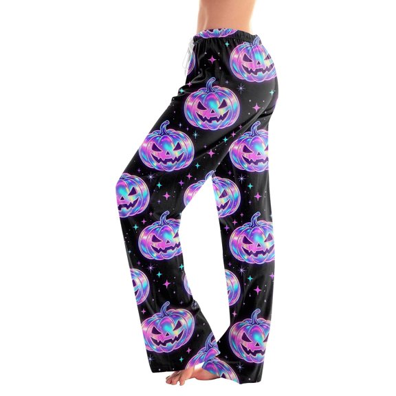 Halloween Pajama Pants for Women, Cute Neon Ghost & Pumpkin Graphic Lounge Bottoms with Adjustable Drawstring Waist, Soft Breathable Sleep Trousers, 1 Pair Dark Purple L