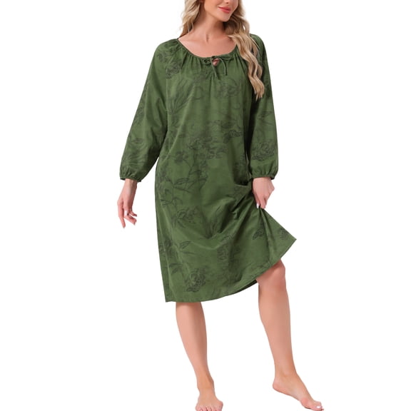 DARING DIVA Women's Long Sleeve Round Neck Tie Front Nightshirt with Pocket S Green
