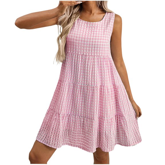 Zpanxa Women's Plaid Day Dress Sleeveless Round Neck Loose Fit Casual Summer Dress Easy Wear Check Print Dress