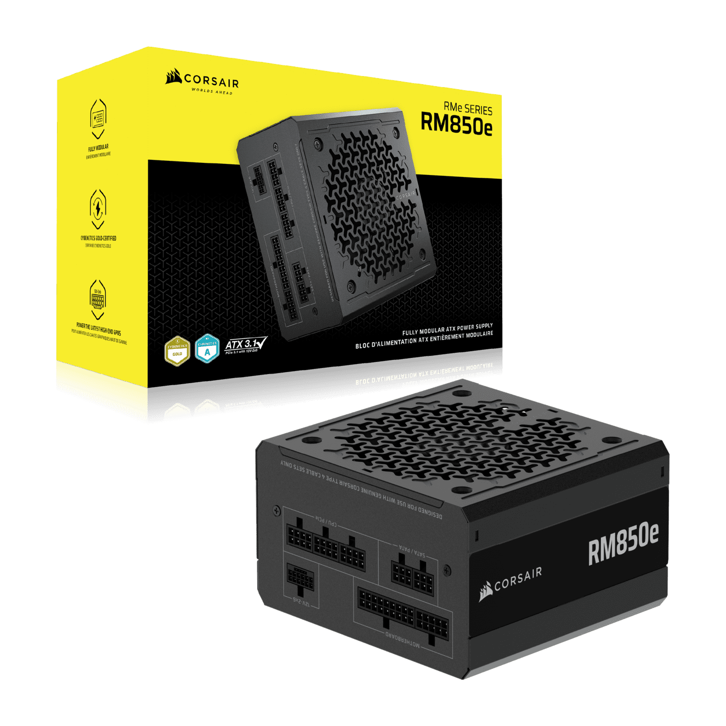 CORSAIR RM850e Fully Modular Low-Noise ATX Power Supply, ATX 3.1 & PCIe 5.1 Compliant, 105°C-Rated Capacitors, Cybenetics Gold Efficiency