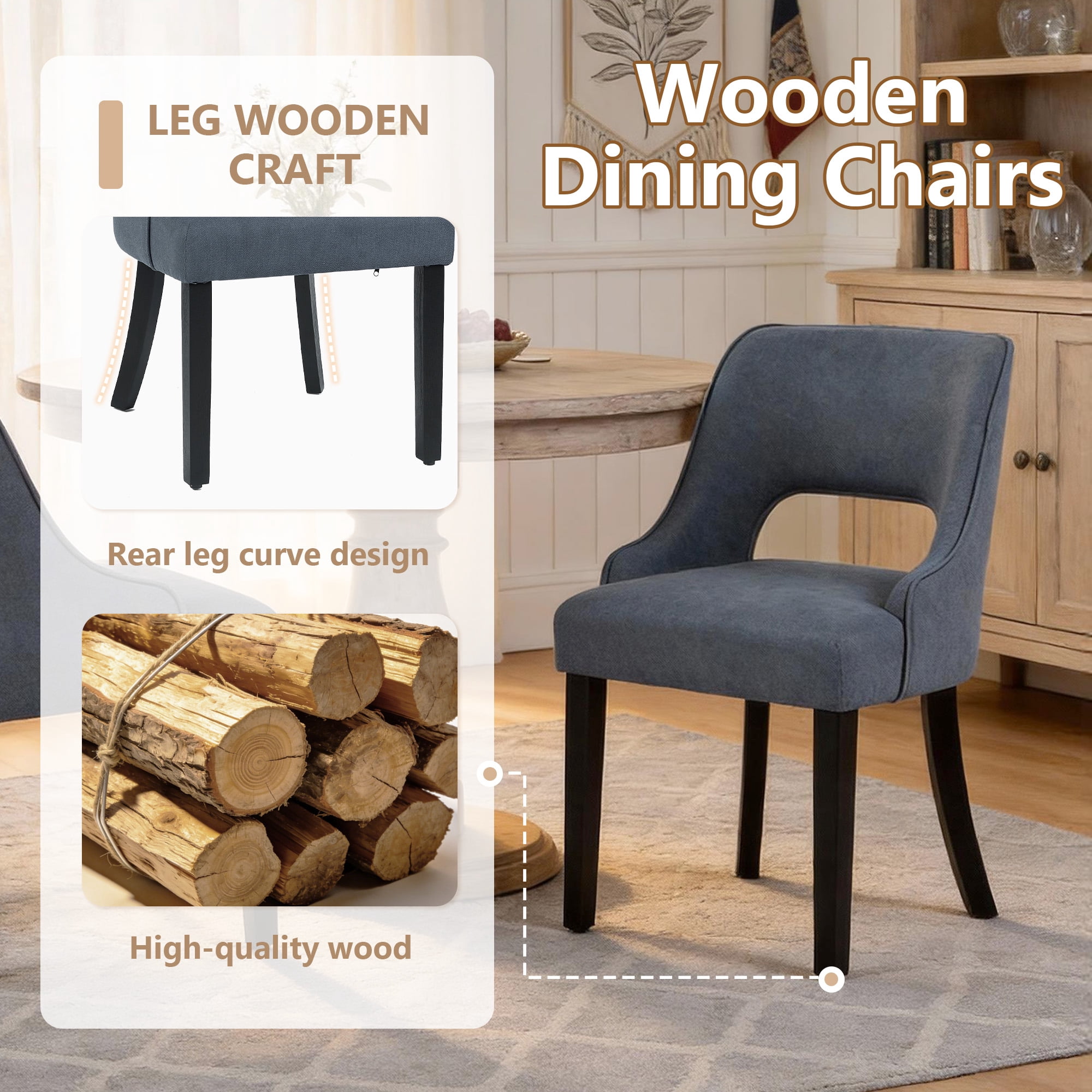 ClinQ Dining Chair,Morden Wood Leg Upholstered Kitchen Chair Set of 2, Navyblue-Black Leg