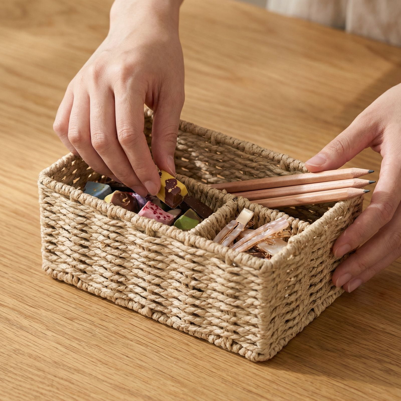 Rattan Storage Basket Lid Paper Rope Desktop Organizer Wicker Basket for Bedroom Sundries Organizer Stylish Woven Box