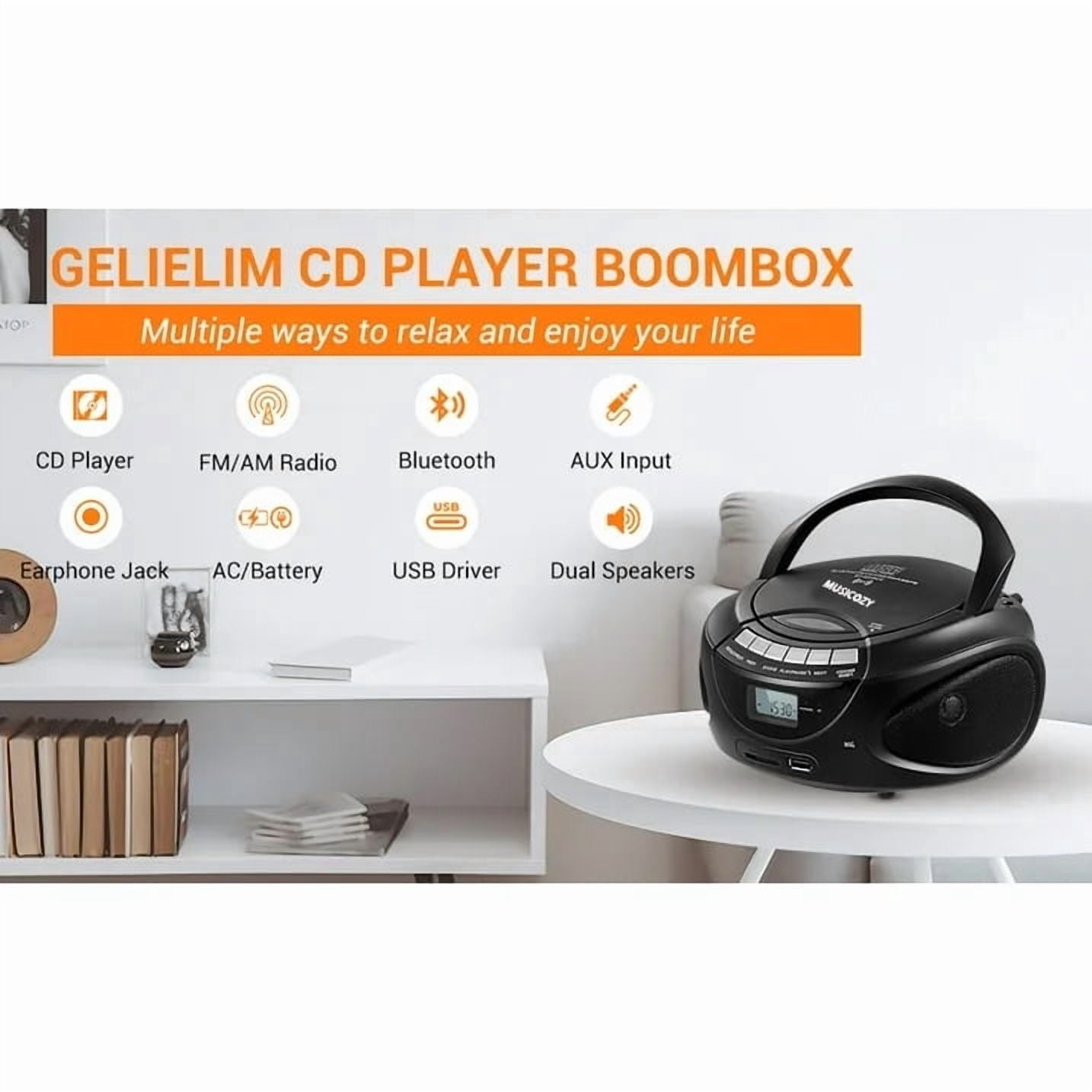 Portable CD Player Boombox with AM/FM Stereo Radio,Bluetooth Speaker Players,Support CD/USB/SD/BT/AUX,Clear and Full Sound with Bass Boost,LCD Display,Headphone Jack, AC/Battery,Gift for Elderly
