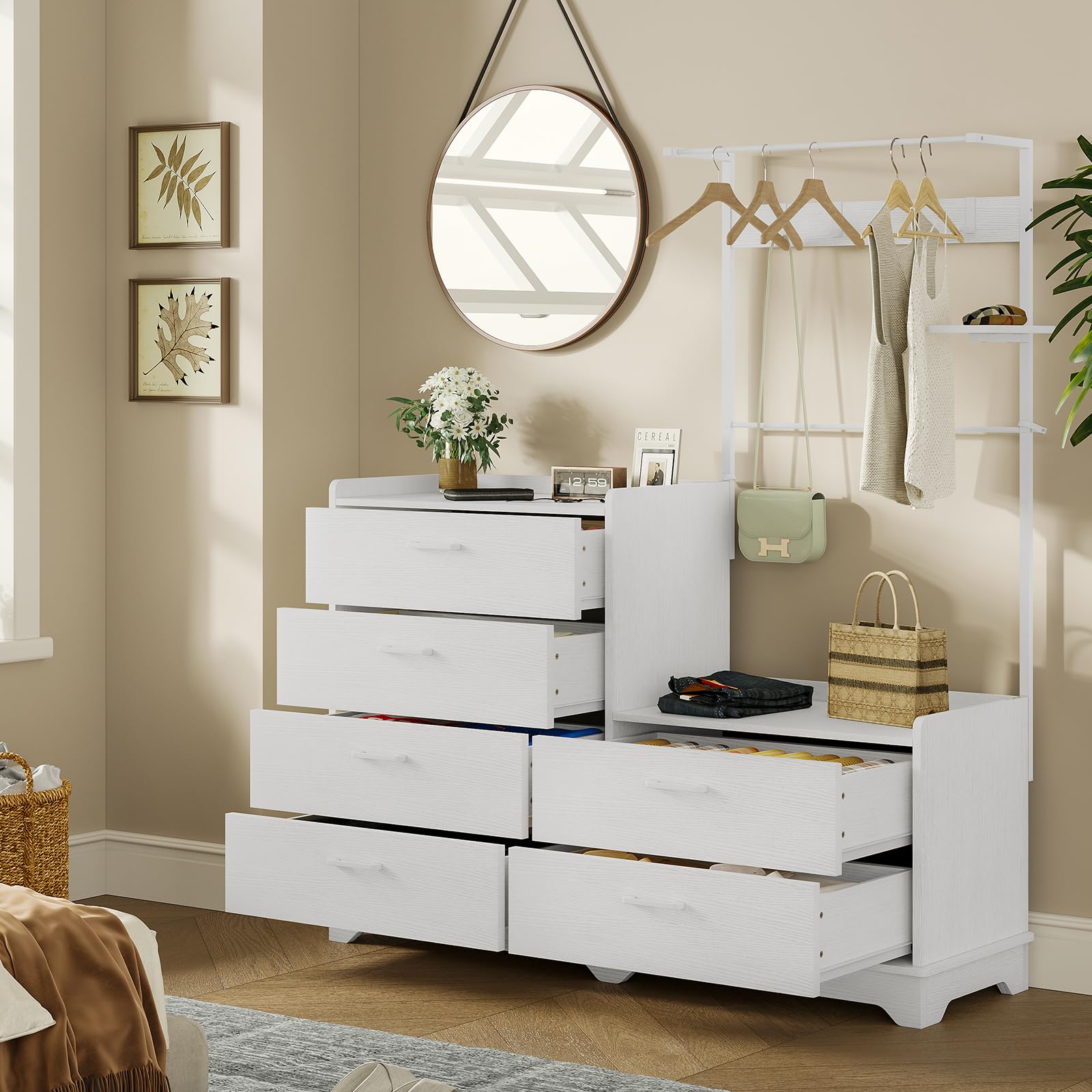 6 Drawers Dresser with Clothes Hanging Racks for Bedroom Entryway