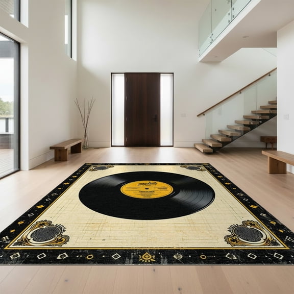 Design&I 8'x10' Washable Area Rug Sleek Flatweave Pet Friendly Music Vinyl Cd Record Vintage Note Mosaic Retro Disc Center Soundwave for King Size Bedroom, Under Bed