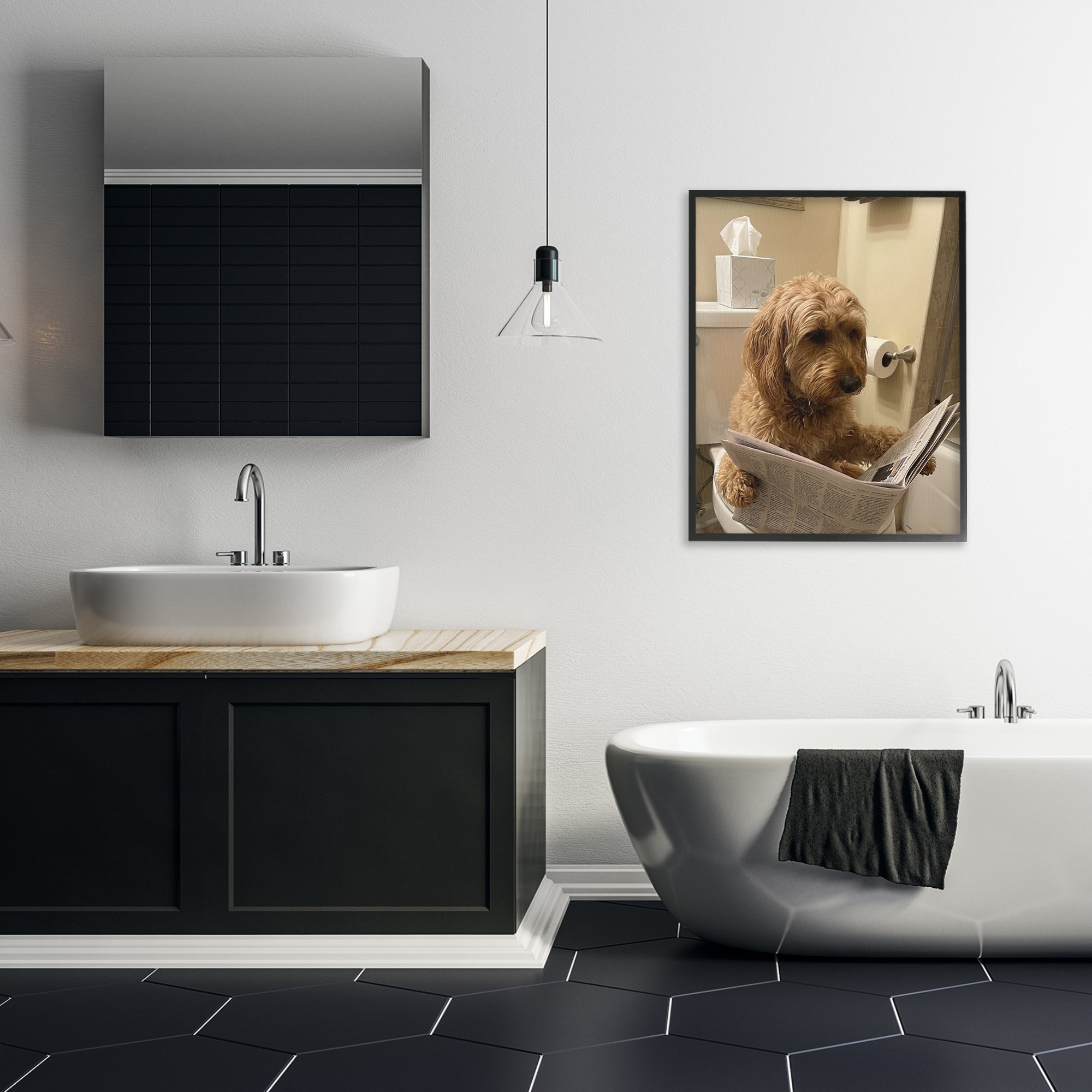 Stupell Industries Dog & Paper on Toilet Black Framed Giclee Art, design by Abigail Walker