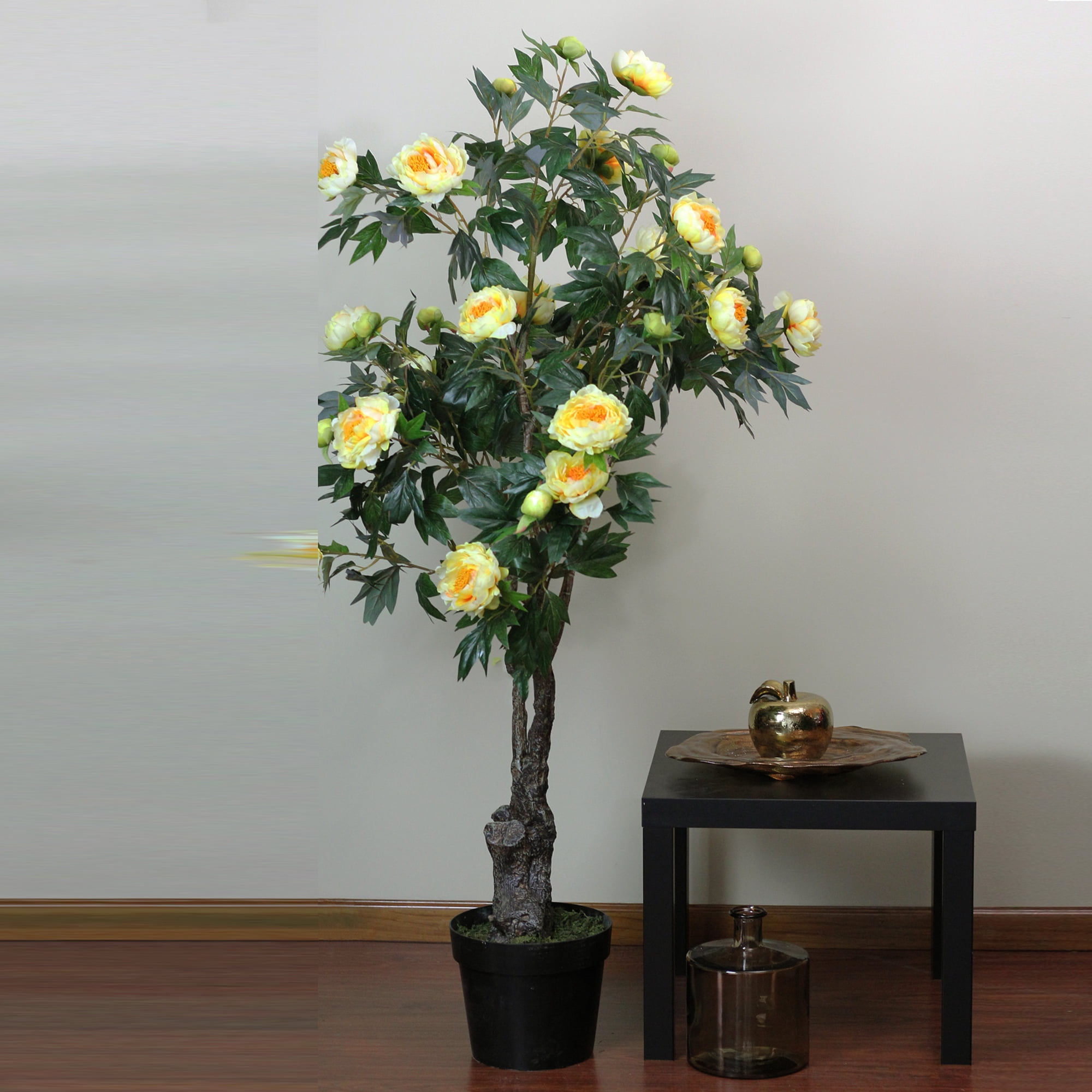 5.5' Potted Yellow and Orange Artificial Peony Flower Tree