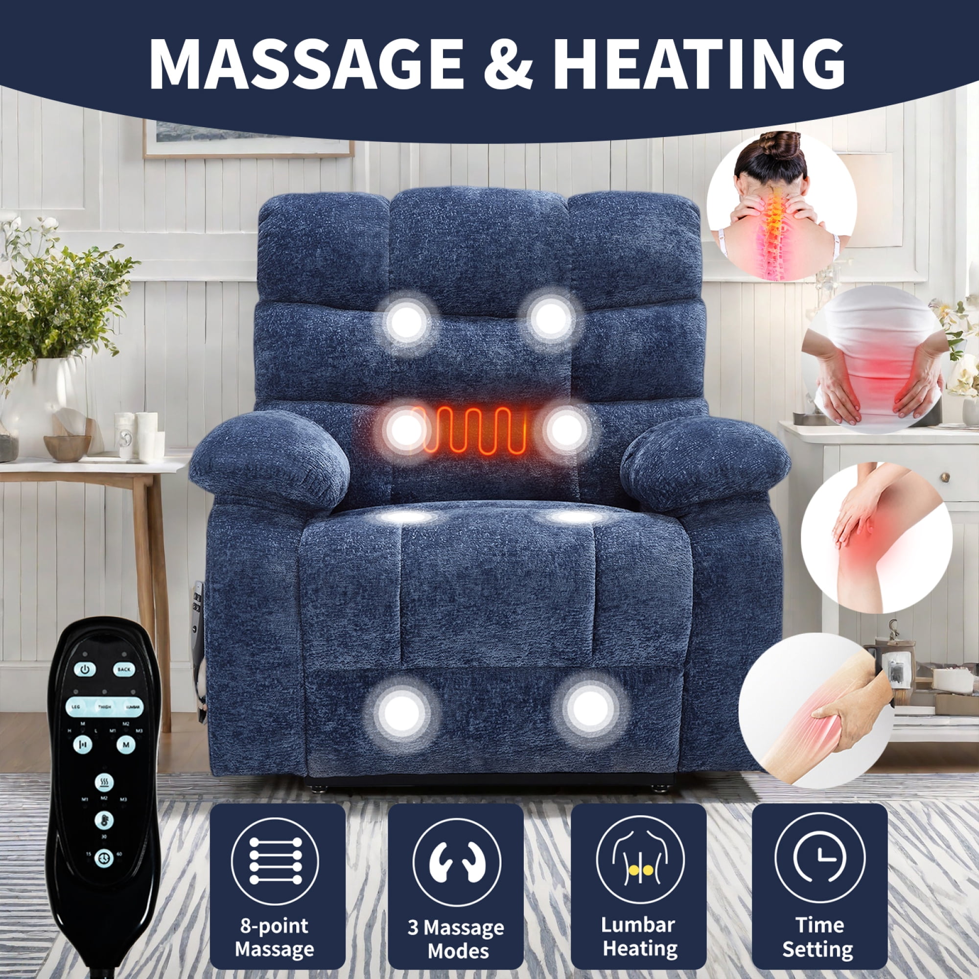 Leumius Large Power Lift Recliner Chair for Elderly,Heavy Duty Chenille Recliners with Massage and Heating for Living Room,Navy Blue