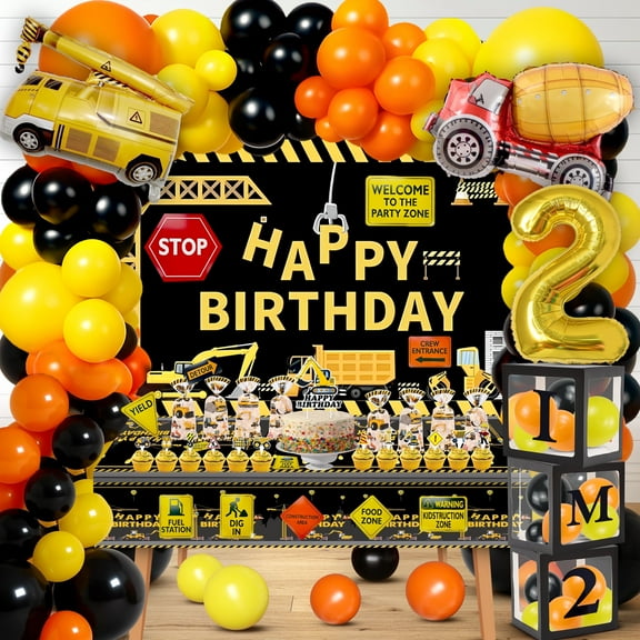 Construction 2nd Birthday Party decorations kit for Boys - Dump Truck Theme Decorations with Construction Backdrop, Banner, Cake & Cupcake Toppers, Tablecloth, and Box Cutout (2nd Birthday)