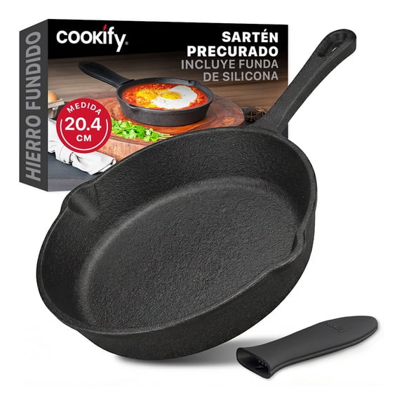 Sartén de Hierro Fundido con Funda de silicón, Distribución Uniforme de Calor Cookify (Negro, 20.4cm)