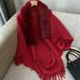 thumbnail image 4 of ManxiVoo Ladies Knitted Open Front Shawl Coat Faux Fur Collar Scarf Wrap Tassel Fringed Cardigan Sweater Asymmetrical Hem Casual Cover-Up Red, 4 of 5