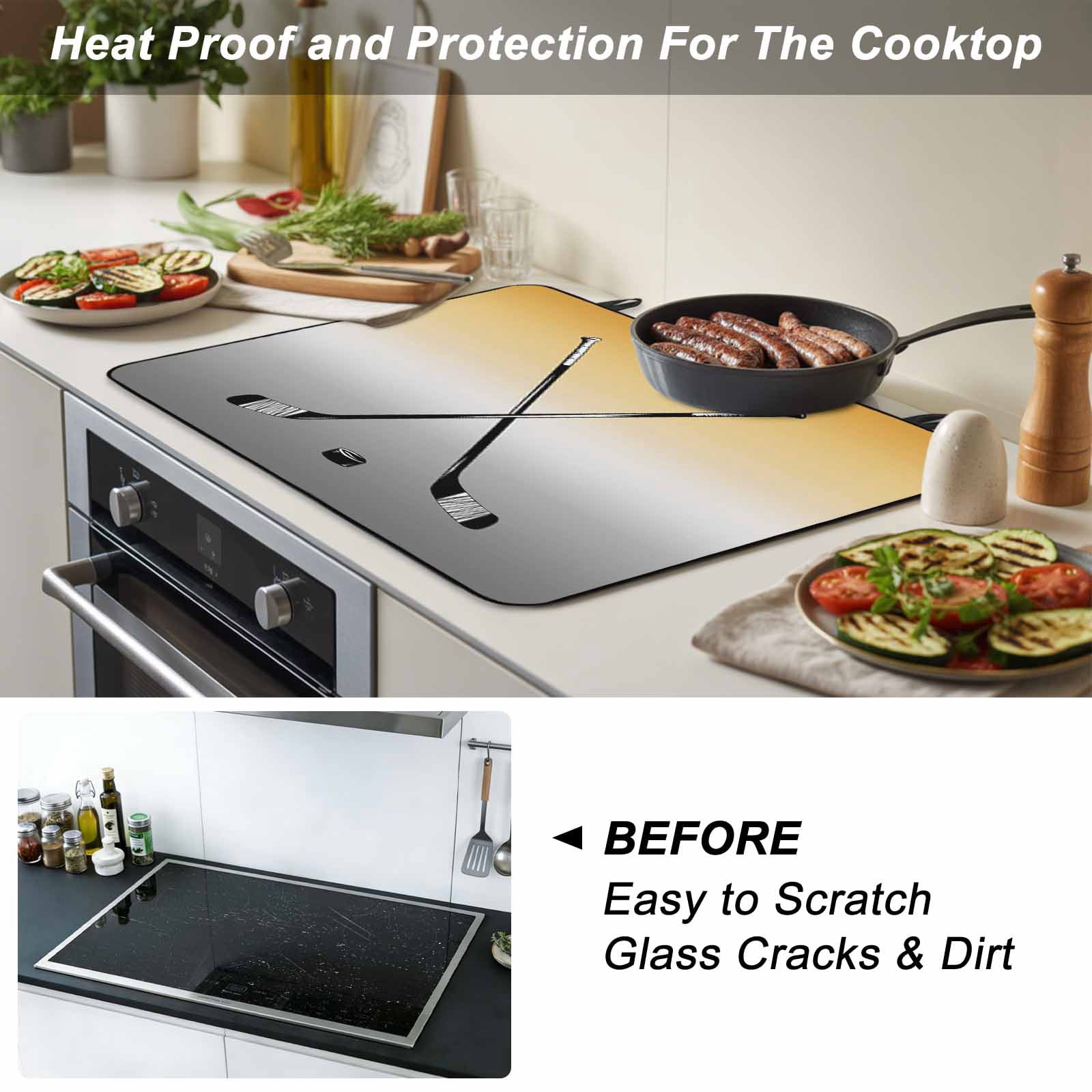 Yellow Gray Ombre Stove Top Cover for Electric Stove, Heat-proof & Non Slip Glass Top Stove Cover Protector, Black Hockey Sticks Minimalist Style Kitchen Flat Cooktop Rubber Mat 24x21 Inches