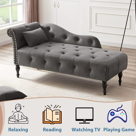 Velvet Chaise Lounge Zarler Indoor Modern Tufted Long Lounger with Pillow for Living Room Bedroom Office Gray