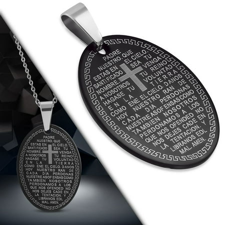 Black Stainless Steel Laser Printed Lords Prayer Spanish Oval Religious Pendant