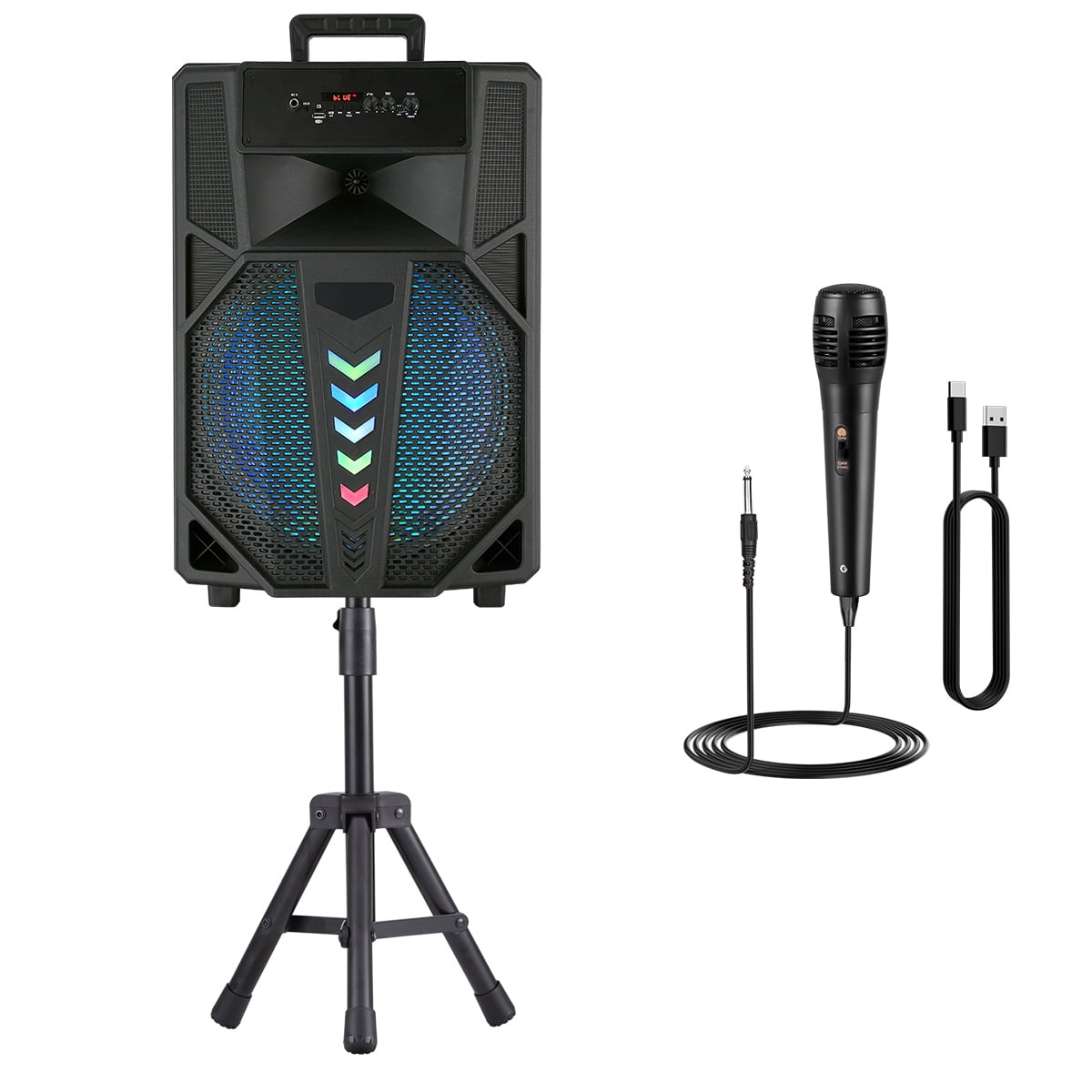 15" Woofer Portable Wireless Party Speaker with Microphone, Stand, LED, Black,USB/TF/BT/AUX/FM/TWS