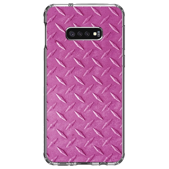 DistinctInk Clear Shockproof Hybrid Case for Samsung Galaxy S10e (5.8" Screen) - TPU Bumper, Acrylic Back, Tempered Glass Screen Protector - Hot Pink Diamond Plate Steel Image - Printed Diamond Plate