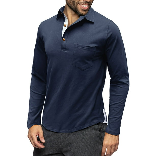 pstuiky Camisas casuales de manga larga para hombre, Camiseta informal de manga larga para hombre, color liso, con solapa, estilo retro. Tops de talla grande para hombre xl