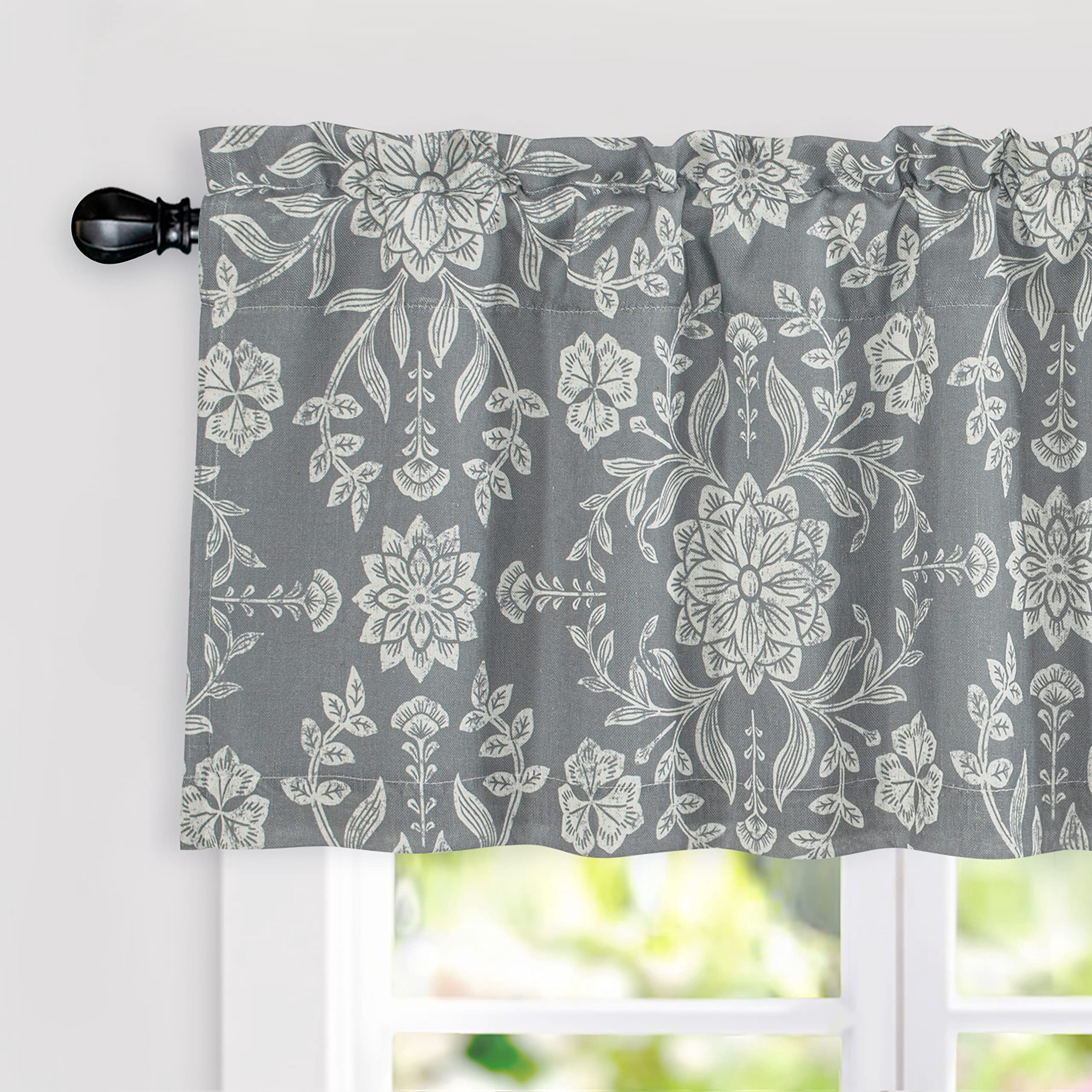 DriftAway Twyla Linen Blend Blackout Valance for Kitchen 18 Inch Length Boho Floral Printed Lined Rod Pocket Room Darkening Window Curtain Valance for Living Room Bedroom 52x18 Inch Gray Beige