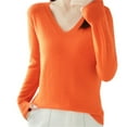thumbnail image 2 of PUYAHG Women's Blouses Solid Color Long Sleeve V Neck Knit Sweater Wool Pullover Base Ladies T-Shirts Orange,S, 2 of 3