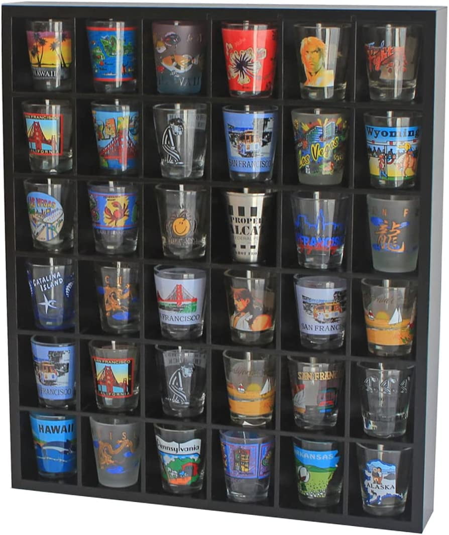 Black Shot Glass Display Case 36 Slots Shelves Wall Mount Shadow Box