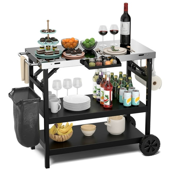 Gymax 3-Shelf Movable Grill Cart Table Home & Outdoor Multifunctional Stainless Steel